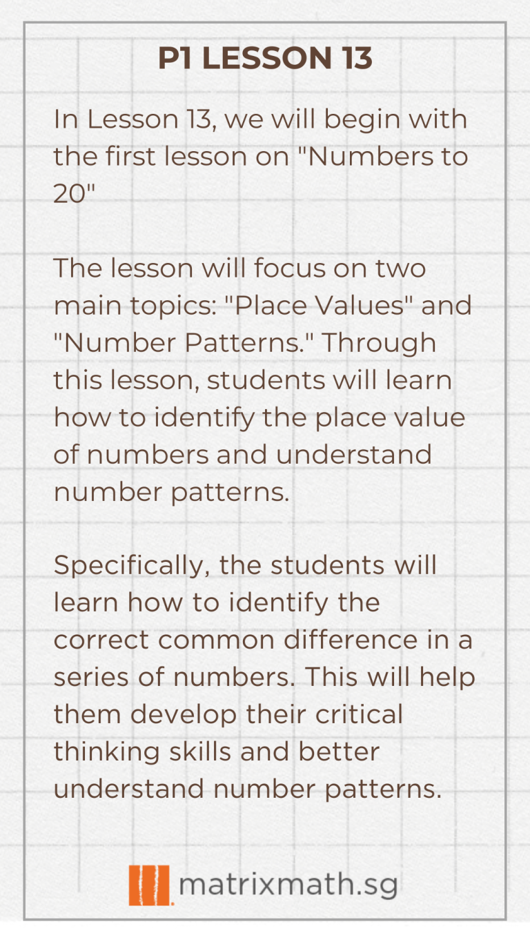 Lesson 13 Synopsis for Primary 1 Math | Matrix Math